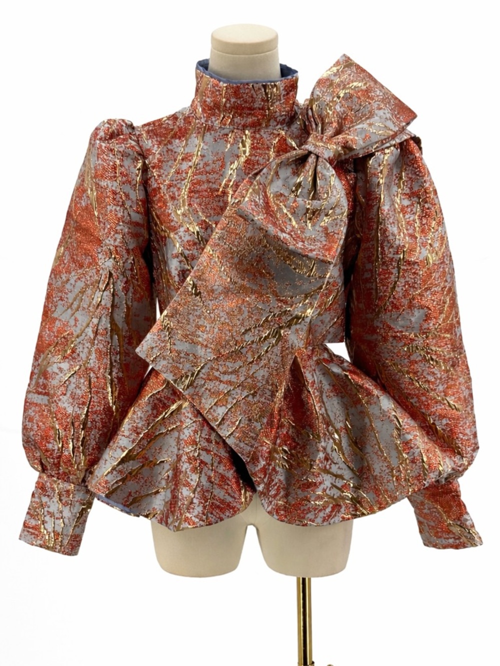 Akira Luxury Metallic Brocade Bow Peplum Blouse Elegant High Neck Statement Top - Picture 2 of 15